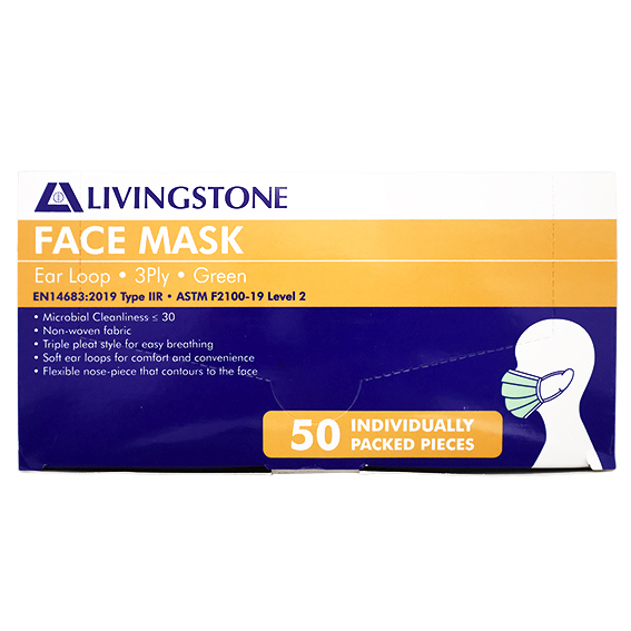 Livingstone Face Mask TGA 350632 Level 2 3-Ply EN14683 Type IIR ASTM F2100-19 Earloop 1 Pc/Pack 50 Packs/Box - Green x15
