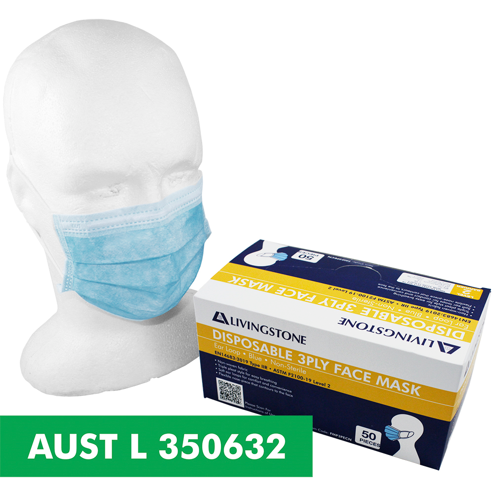 Liv Medical Hypoallergenic Face Mask TGA 350632 Level 2 3-Ply Earloop Latex Free 50/Box - Blue x55