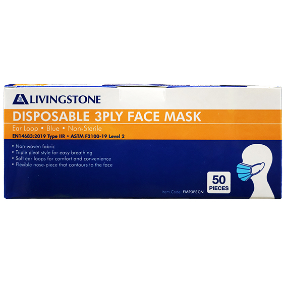 Liv Medical Hypoallergenic Face Mask TGA 350632 Level 2 3-Ply Earloop Latex Free 50/Box - Blue x55