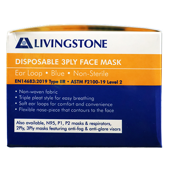 Liv Medical Hypoallergenic Face Mask TGA 350632 Level 2 3-Ply Earloop Latex Free 50/Box - Blue x55
