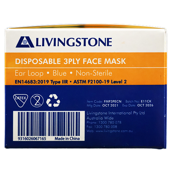 Liv Medical Hypoallergenic Face Mask TGA 350632 Level 2 3-Ply Earloop Latex Free 50/Box - Blue x55