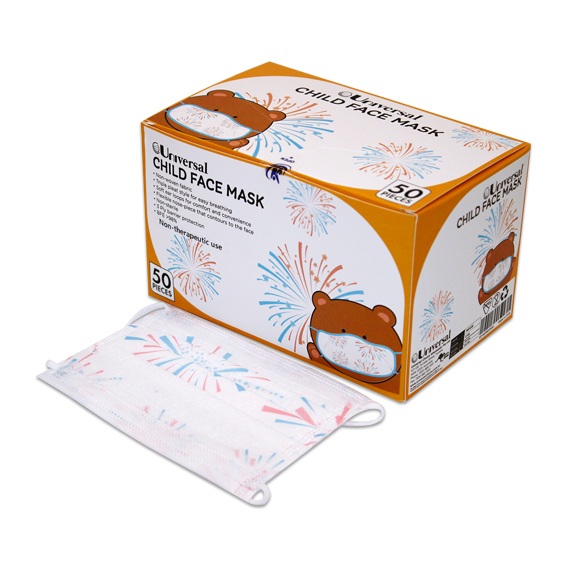 Universal Child Face Mask Level 2 3-Ply Ear Loop Latex Free 50/Box - White/Blue/Pink x30