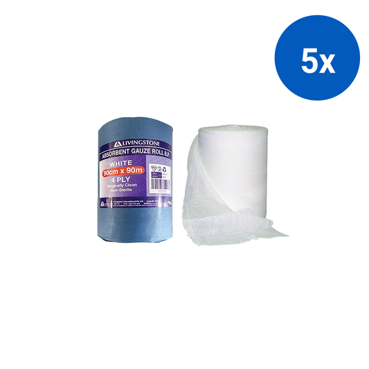 Livingstone Absorbent Cotton Gauze Roll BP 4-Ply 90cm x 90m - White x5