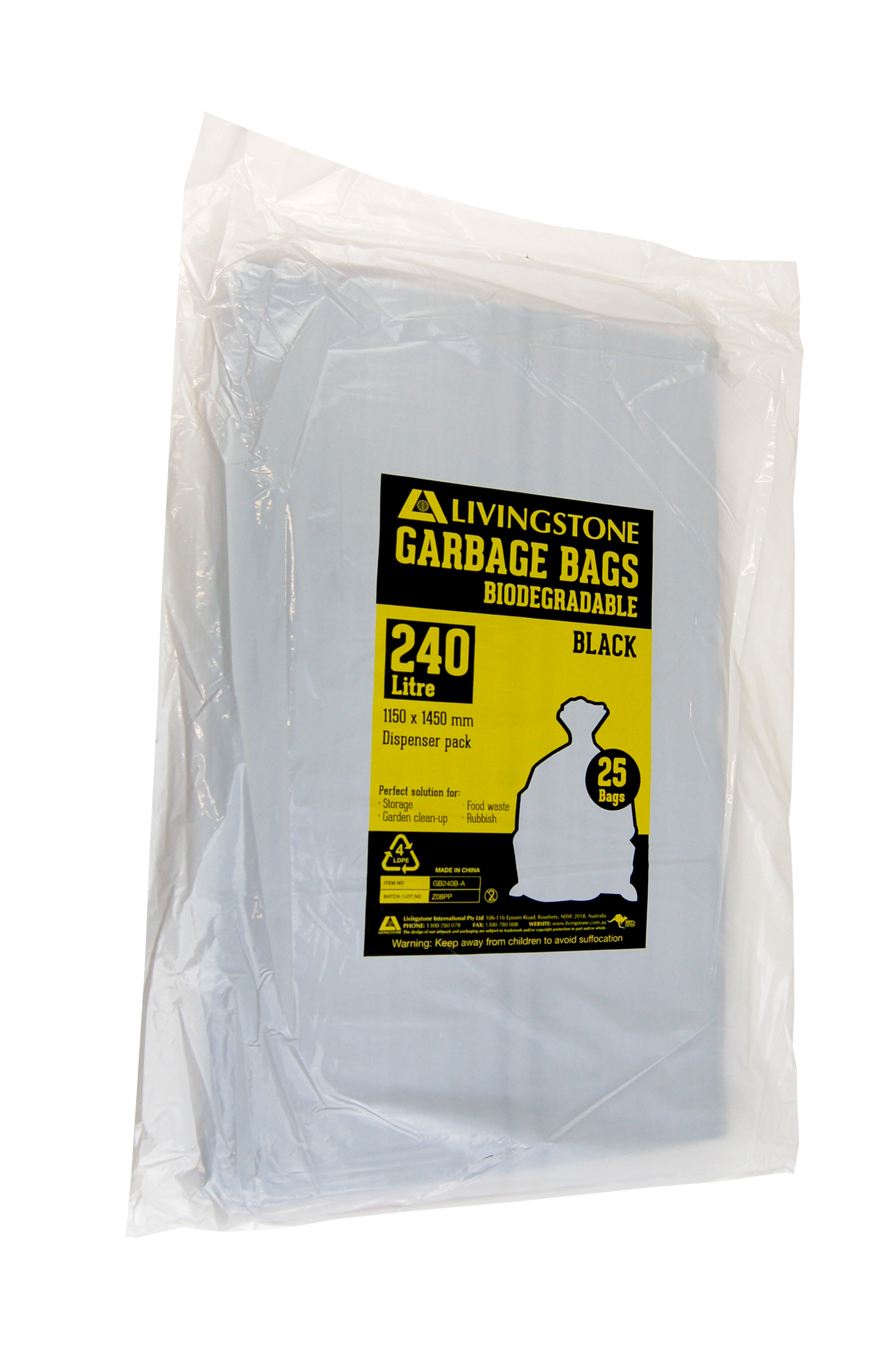 Livingstone Garbage Bag Bin Liner 240L Heavy Duty 25/Pack 200 Pcs/Carton - Black x5