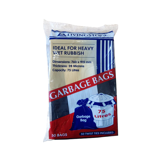 Livingstone Garbage Bag Bin Liner 75 Litres Heavy Duty LDPE 250 Pcs/Carton - Black x10