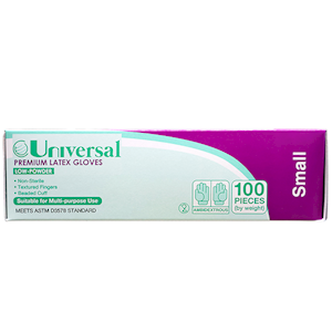 Universal Choice Biodegradable Latex Gloves Small Size ASTM Standard Low Powder 100/Box - Cream x65
