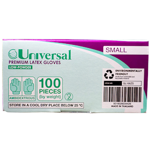 Universal Choice Biodegradable Latex Gloves Small Size ASTM Standard Low Powder 100/Box - Cream x65