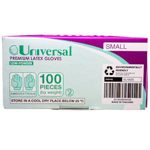 Universal Choice Biodegradable Latex Gloves Small Size ASTM Standard Low Powder 100/Box - Cream x65