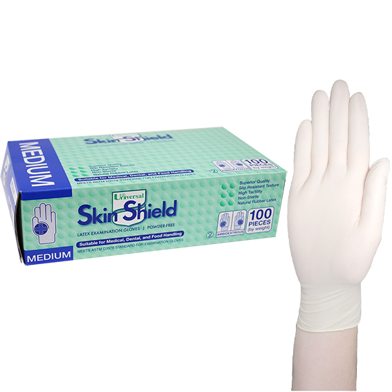 Universal Skin Shield Latex Examination Gloves ASTM Powder Free Medium HACCP 100/Box - Cream x45