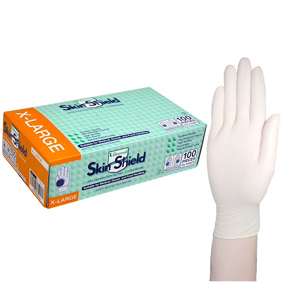 Universal Skin Shield Biodegradable Latex Examination Gloves ASTM Powder Free Extra Large HACCP 100/Box 1000/Carton - Cream x5