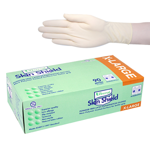 Skin Shield Universal Latex Examination Gloves Extra Larger Size Powder Free Biodegradable Polymer Coated - Cream x5