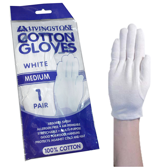 Livingstone Cotton Gloves Latex Free Medium Retail Pack Pair - White x460
