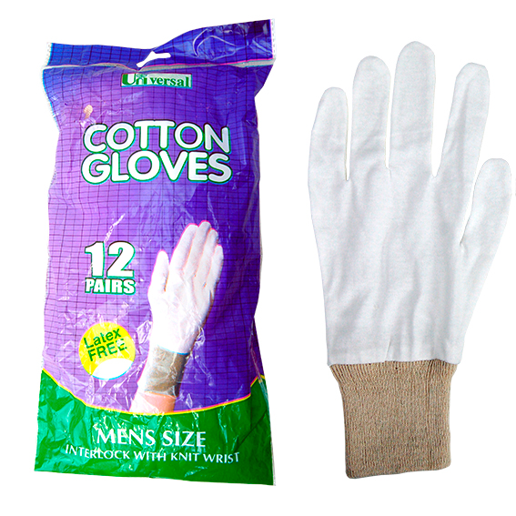 Universal Choice Cotton Gloves Interlock with Knitted Wrist Cuff Men's Size Large 12 Pairs/Bag - White x35