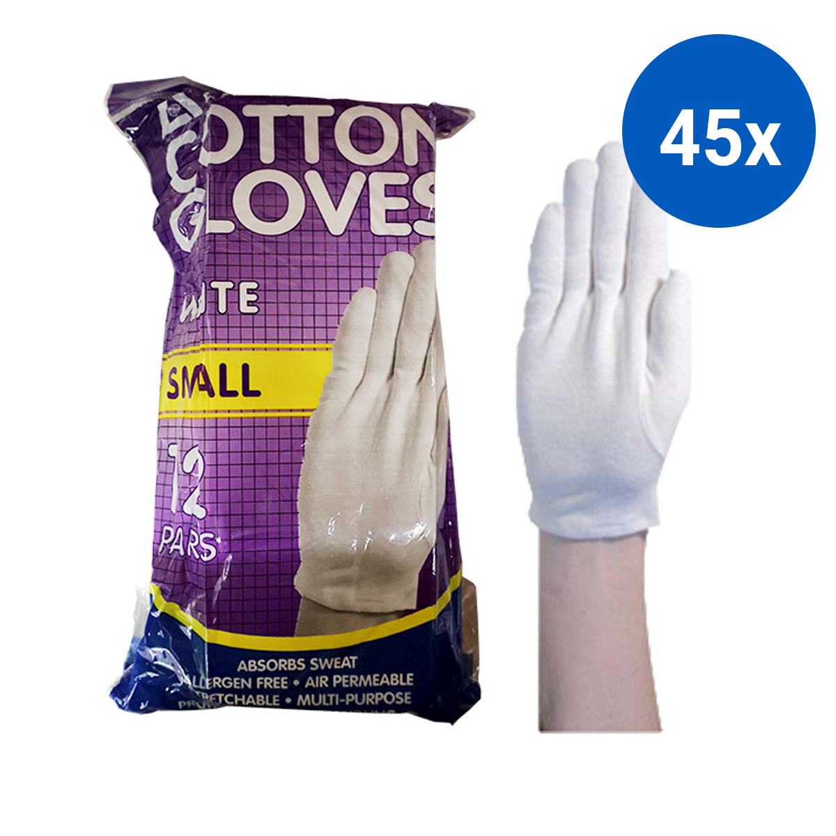 Livingstone Cotton Gloves Small 12 Pairs/Bag - White x45