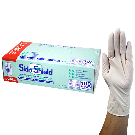 Skin Shield Latex Examination Gloves Powder Free AS/NZ HACCP Large 100/Box - Cream x40