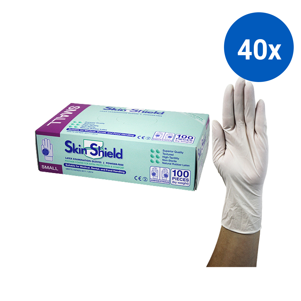 Skin Shield Latex Examination Gloves Powder Free AS/NZ HACCP Small 100/Box - Cream x40
