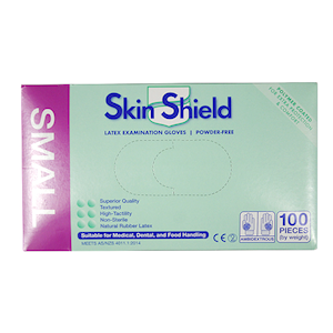 Skin Shield Latex Examination Gloves Small Size Powder Free Biodegradable Polymer Coated 1000/Carton - Cream x5