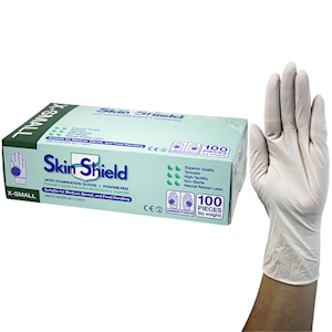 Skin Shield Latex Examination Gloves Extra Small Size Powder Free Biodegradable Polymer Coated 1000/Carton - Cream x5