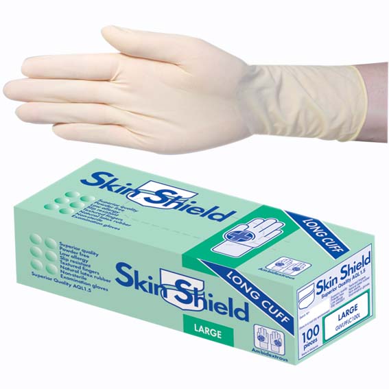 Skin Shield Biodegradable Latex Examination Gloves AS NZ Powder Free Long Cuff 30cm Large 100/Box - Cream x25