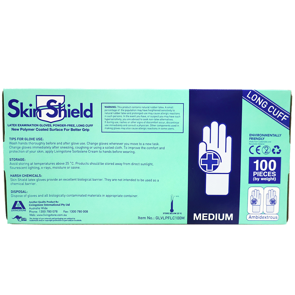 Skin Shield Latex Examination Gloves AS NZ Powder Free Long Cuff 30cm Medium 100/Box - Cream x25