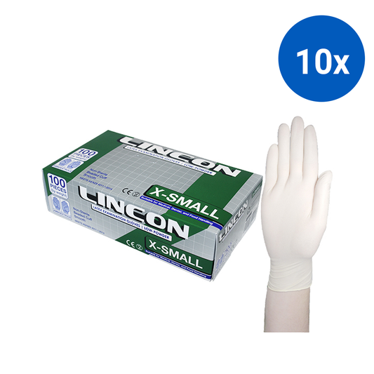 NY 2025 Special Lincon Latex Examination Gloves Low Powder ASNZ HACCP Extra Small 100/Box 1000/Carton - Cream x10