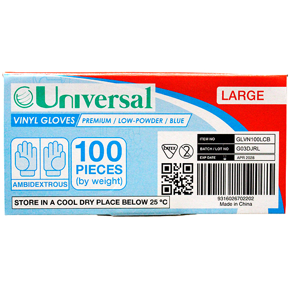 Universal Vinyl Gloves Recyclable 5.5g HACCP Grade Low Powder Large 100/Box - Blue x70