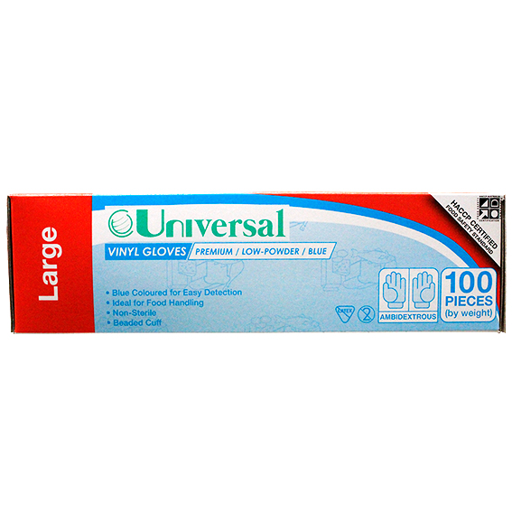 Universal Vinyl Gloves Recyclable 5.5g HACCP Grade Low Powder Large 100/Box - Blue x70
