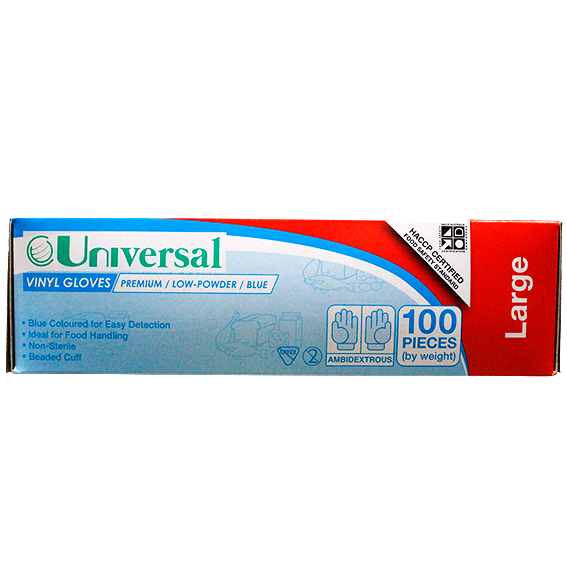 Universal Vinyl Gloves Recyclable 5.5g HACCP Grade Low Powder Large 100/Box - Blue x70