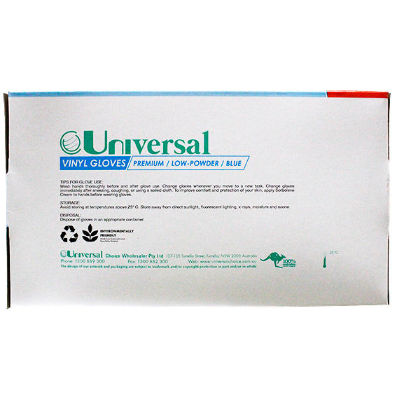 Universal Vinyl Gloves Recyclable 5.5g HACCP Grade Low Powder Large 100/Box - Blue x70