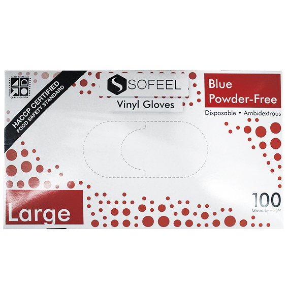 Sofeel Vinyl Gloves Recyclable 5.0g HACCP Grade Powder Free Large 100/Box - Blue x80
