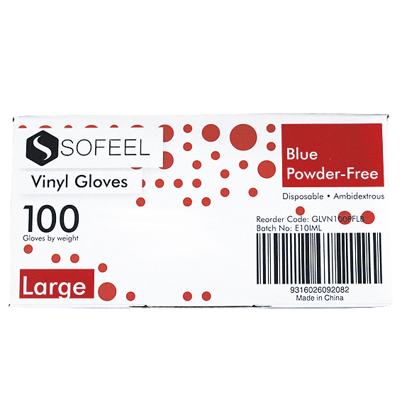 Sofeel Vinyl Gloves Recyclable 5.0g HACCP Grade Powder Free Large 100/Box - Blue x80