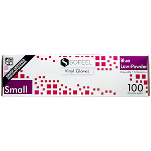 Sofeel Vinyl Gloves Recyclable Small Size Low Powder HACCP Grade 100 Pieces/Box 10 Boxes/Carton - Blue x10