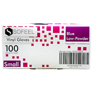 Sofeel Vinyl Gloves Recyclable Small Size Low Powder HACCP Grade 100 Pieces/Box 10 Boxes/Carton - Blue x10