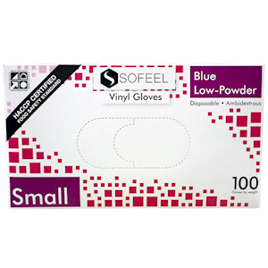 Sofeel Vinyl Gloves Small Size Recyclable HACCP Grade Low Powder 100/Box - Blue x85