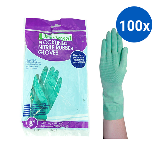 Universal Flocklined Nitrile Gloves Heavy Duty EN374 Size 8 1 Pair/Bag - Green x100