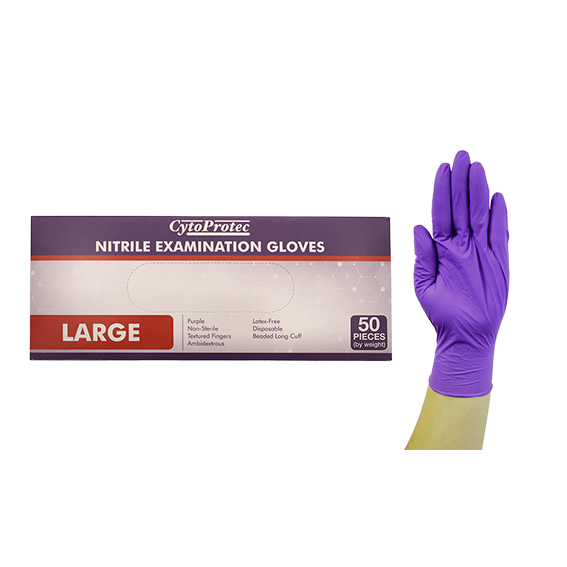 CytoProtec Extra Thick Nitrile Examination Gloves Powder Free Large Long Cuff 50/Box - Purple x25
