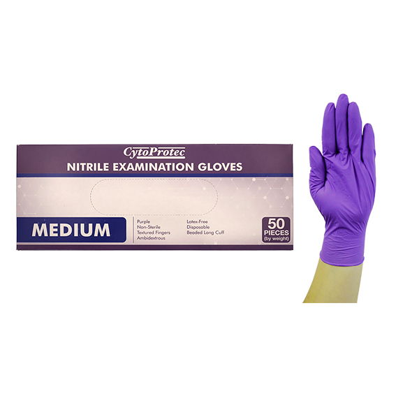 CytoProtec Extra Thick Nitrile Examination Gloves Powder Free Medium Long Cuff 50/Box - Purple x25