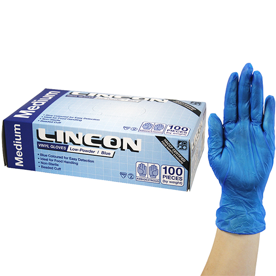 Lincon Vinyl Gloves Recyclable 5.0g HACCP Low Powder Medium 100/Box - Blue x70