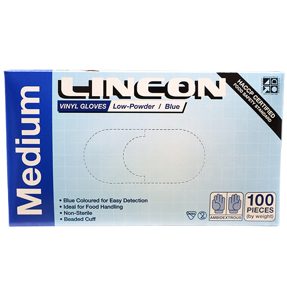 Lincon Vinyl Gloves Recyclable 5.0g HACCP Low Powder Medium 100/Box - Blue x70