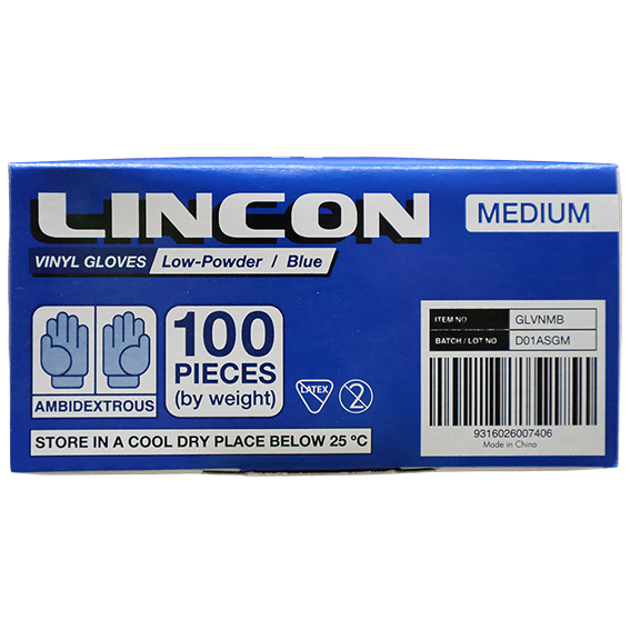 Lincon Vinyl Gloves Recyclable 5.0g HACCP Low Powder Medium 100/Box - Blue x70