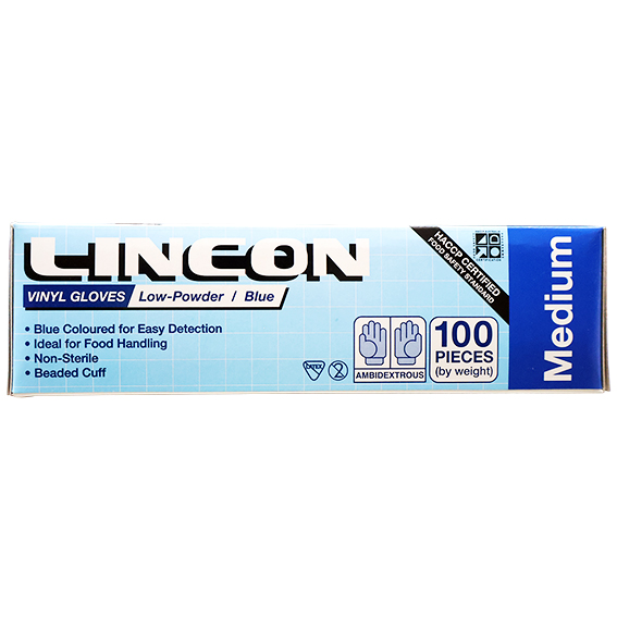 Lincon Vinyl Gloves Recyclable 5.0g HACCP Low Powder Medium 100/Box - Blue x70
