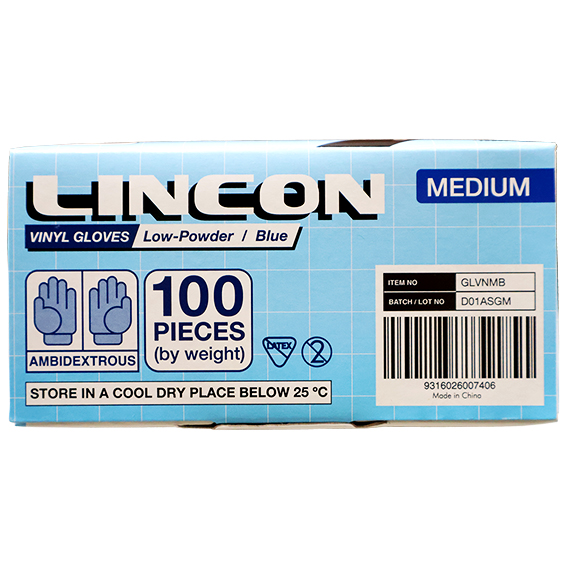 Lincon Vinyl Gloves Recyclable 5.0g HACCP Low Powder Medium 100/Box - Blue x70