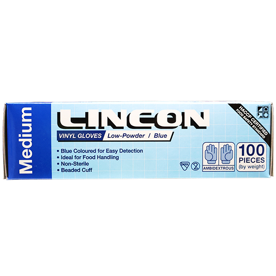Lincon Vinyl Gloves Recyclable 5.0g HACCP Low Powder Medium 100/Box - Blue x70