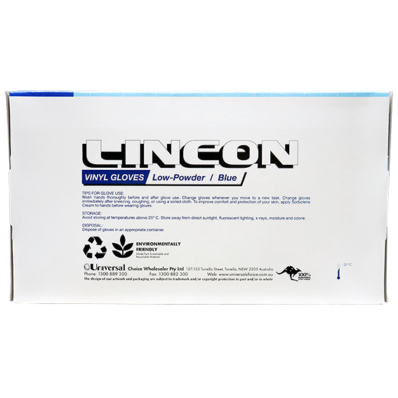 Lincon Vinyl Gloves Recyclable 5.0g HACCP Low Powder Medium 100/Box - Blue x70