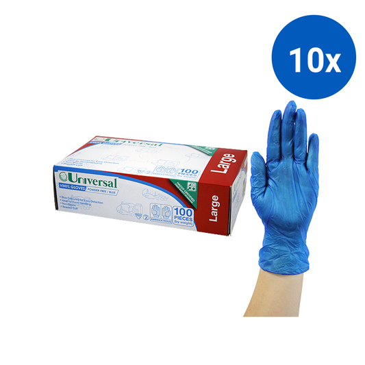 Universal Vinyl Gloves Recyclable 5.5g HACCP Powder Free Large 100/Box 1000/Carton - Blue x10