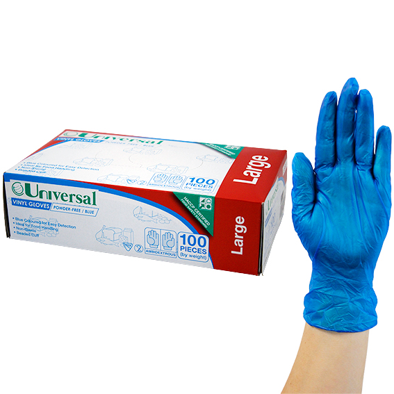 Universal Vinyl Gloves Recyclable 5.5g HACCP Powder Free Large 100/Box 1000/Carton - Blue x10
