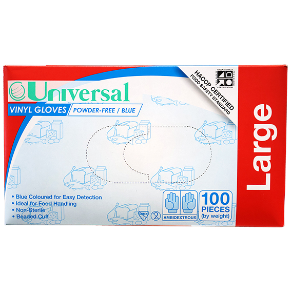 Universal Vinyl Gloves Recyclable 5.5g HACCP Powder Free Large 100/Box 1000/Carton - Blue x10