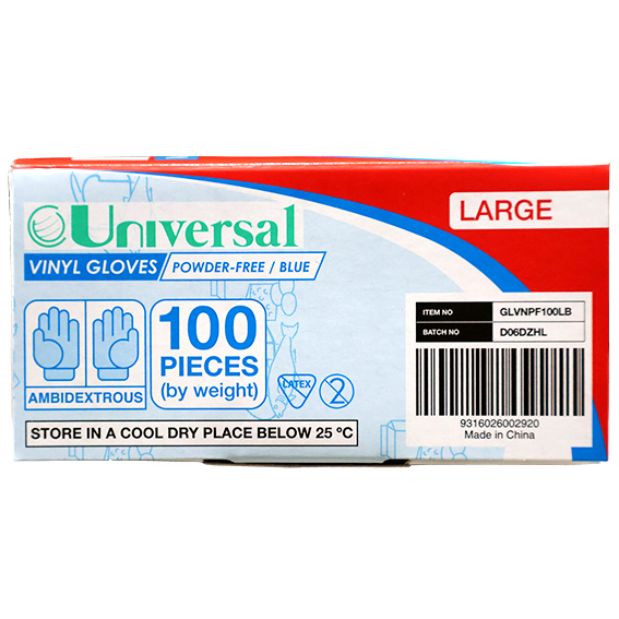Universal Vinyl Gloves Recyclable 5.5g HACCP Powder Free Large 100/Box 1000/Carton - Blue x10
