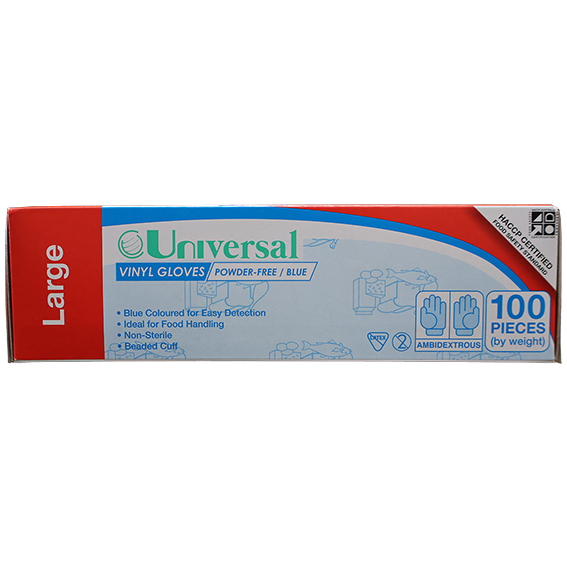 Universal Vinyl Gloves Recyclable 5.5g HACCP Powder Free Large 100/Box 1000/Carton - Blue x10