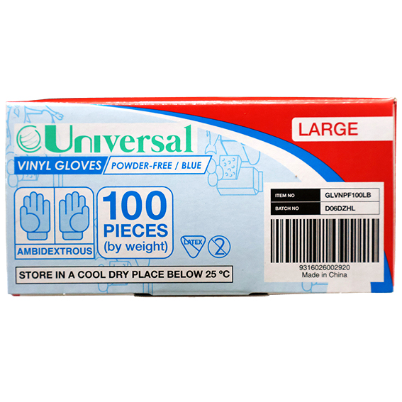 Universal Vinyl Gloves Recyclable 5.5g HACCP Powder Free Large 100/Box 1000/Carton - Blue x10